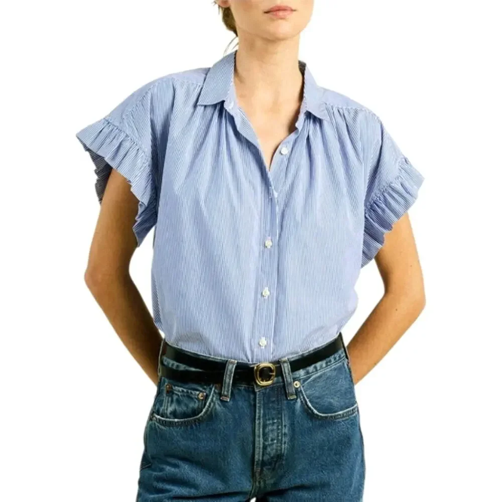 Travota Marianne NWT Birds of Paradise Button Ruffle Shirt Blue White Cotton XS - Picture 13 of 14